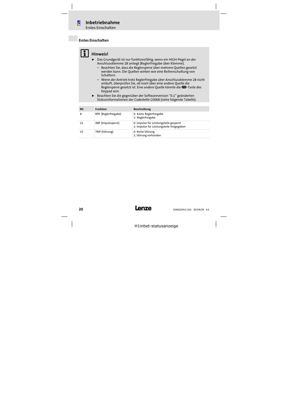 Erstes einschalten, 5inbetriebnahme | Lenze E82ZAFLC010 User Manual | Page 20 / 76