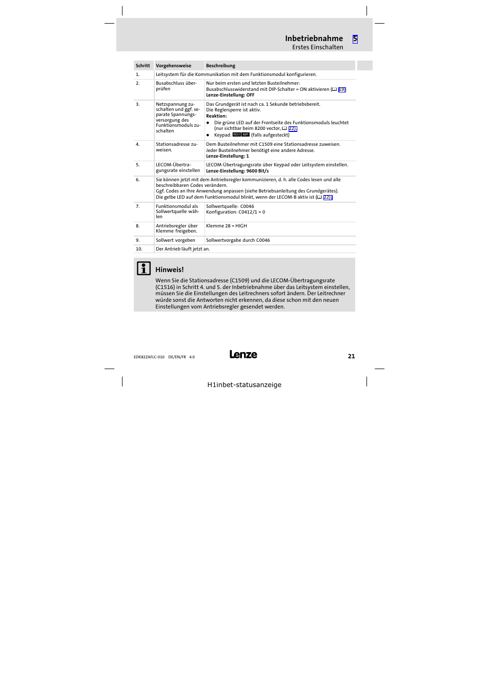 Inbetriebnahme | Lenze E82ZAFLC010 User Manual | Page 21 / 76