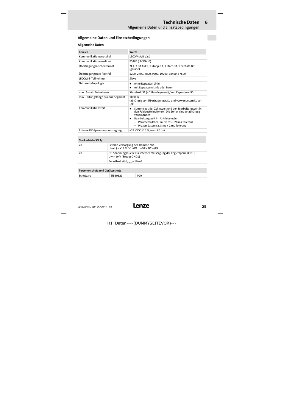 6 technische daten, Allgemeine daten und einsatzbedingungen, Technische daten | Lenze E82ZAFLC010 User Manual | Page 23 / 76