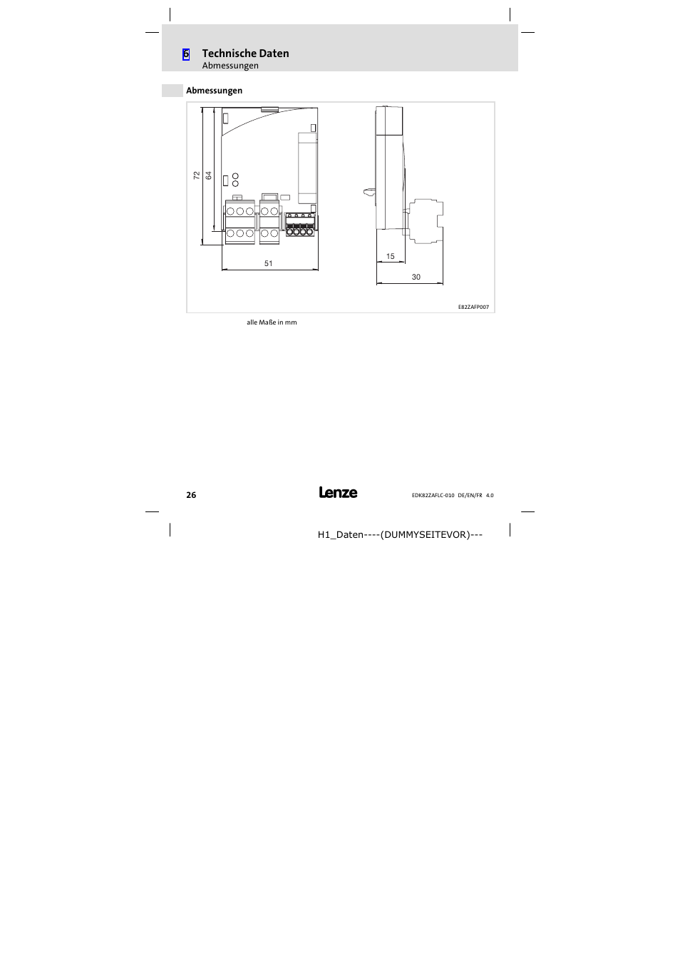 Abmessungen | Lenze E82ZAFLC010 User Manual | Page 26 / 76