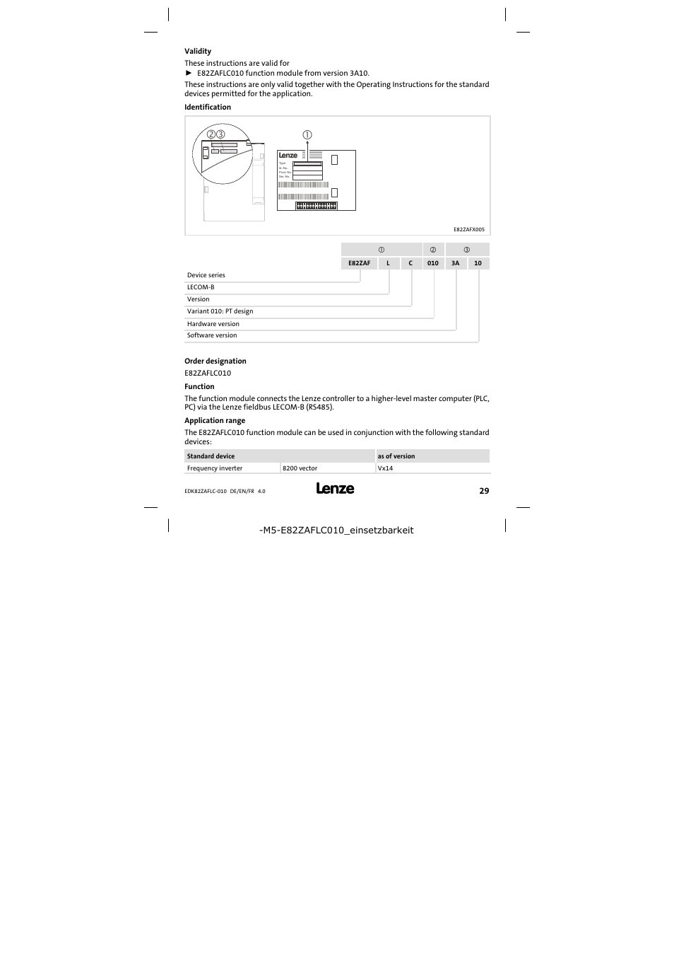 Validity | Lenze E82ZAFLC010 User Manual | Page 29 / 76