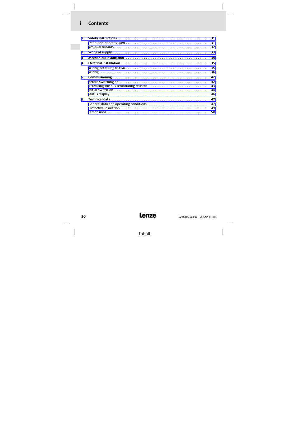 Lenze E82ZAFLC010 User Manual | Page 30 / 76