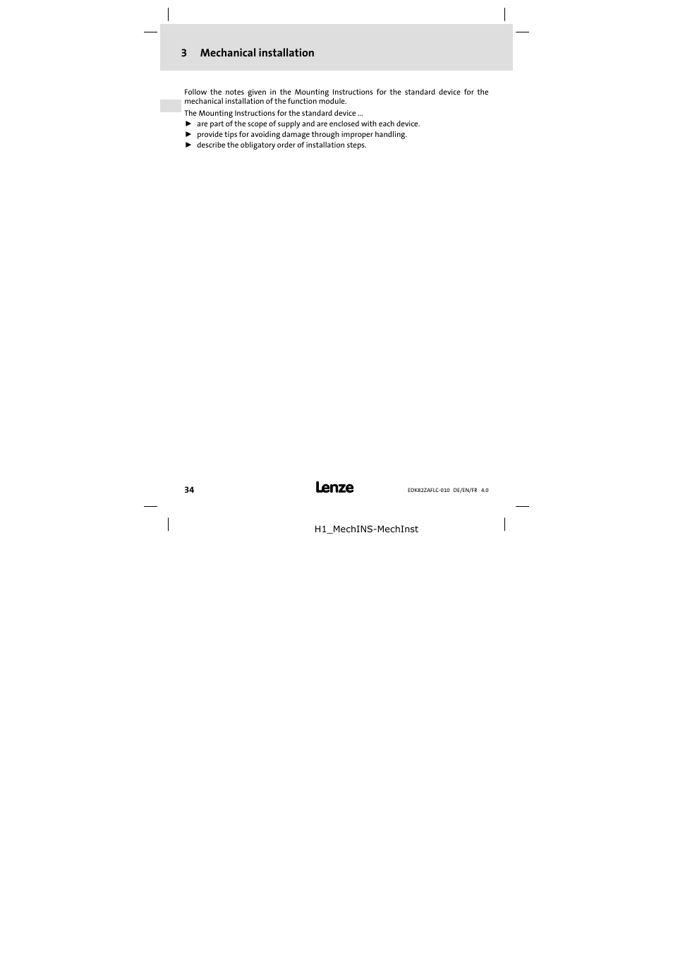 3 mechanical installation, Mechanical installation | Lenze E82ZAFLC010 User Manual | Page 34 / 76