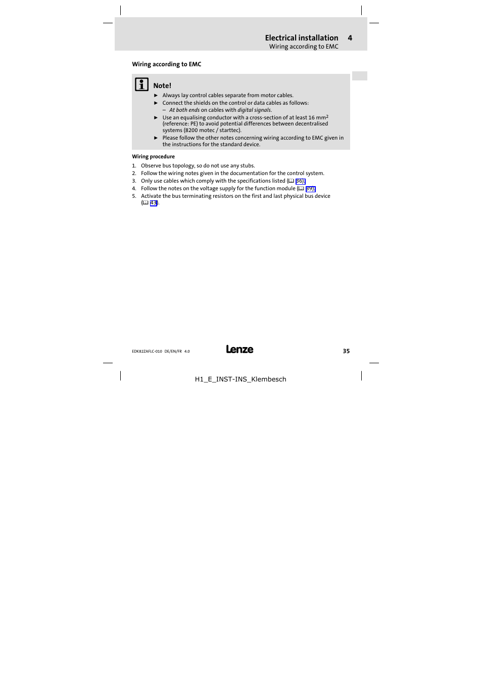 4 electrical installation, Wiring according to emc, Electrical installation | Lenze E82ZAFLC010 User Manual | Page 35 / 76