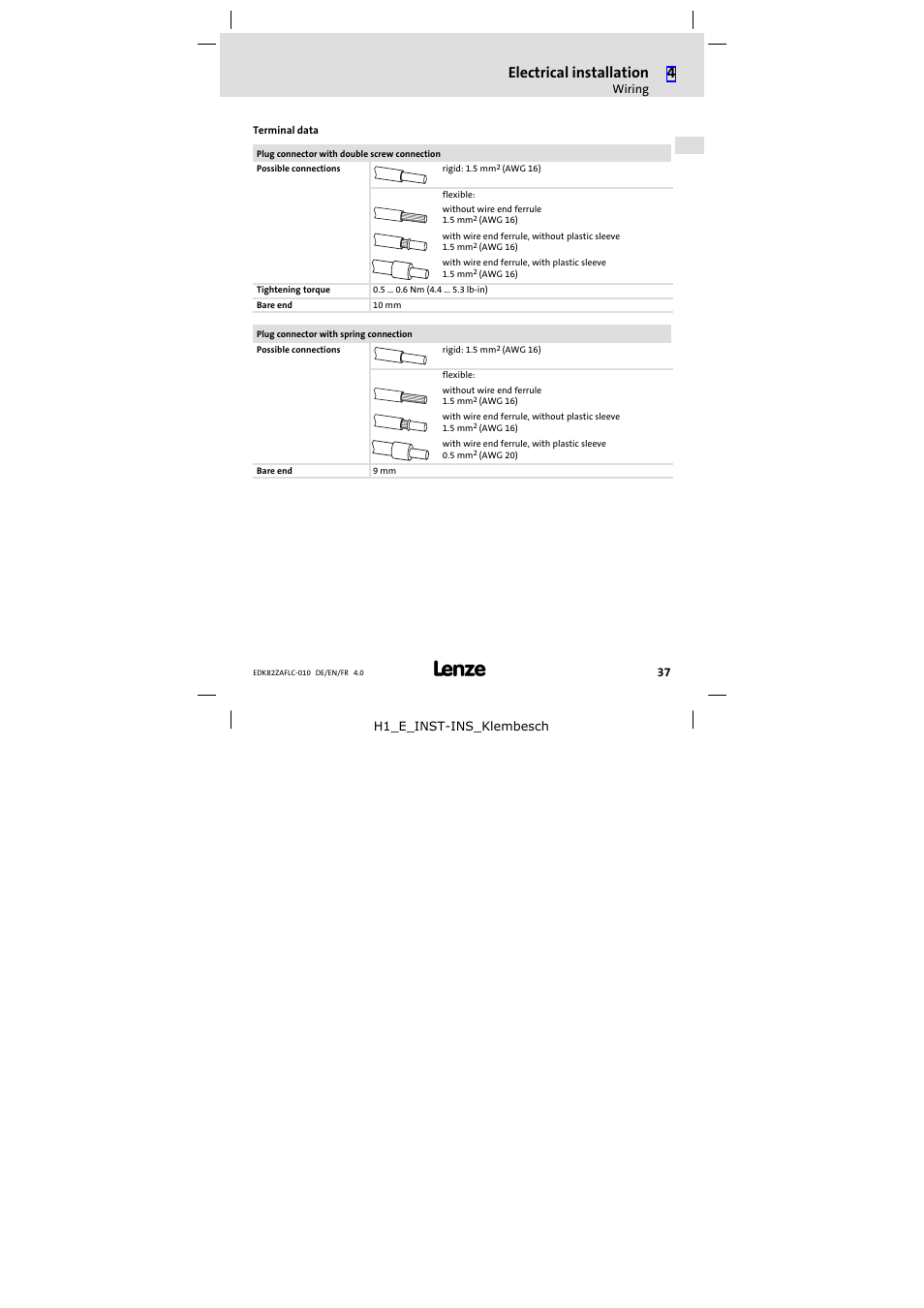 Electrical installation | Lenze E82ZAFLC010 User Manual | Page 37 / 76