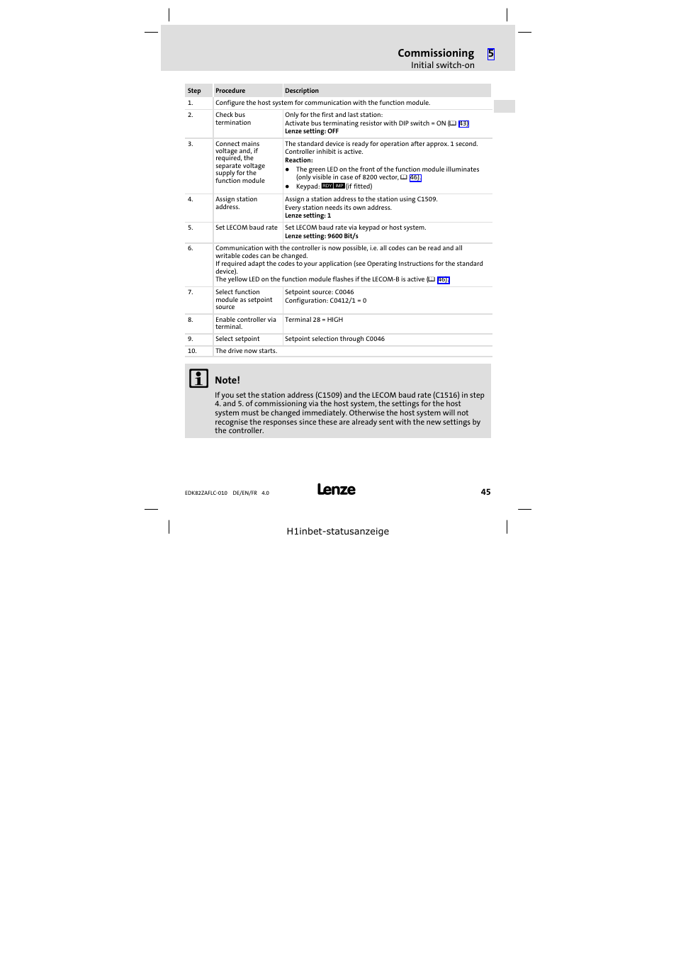 Commissioning | Lenze E82ZAFLC010 User Manual | Page 45 / 76