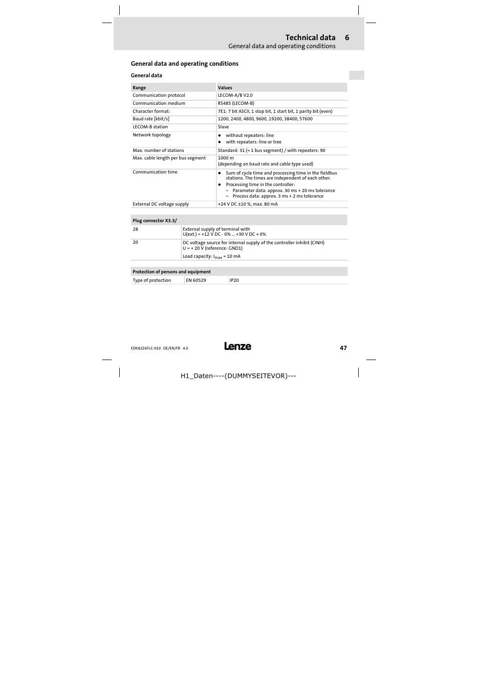 6 technical data, General data and operating conditions, Technical data | Lenze E82ZAFLC010 User Manual | Page 47 / 76