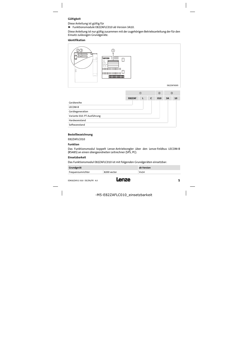 Gültigkeit | Lenze E82ZAFLC010 User Manual | Page 5 / 76