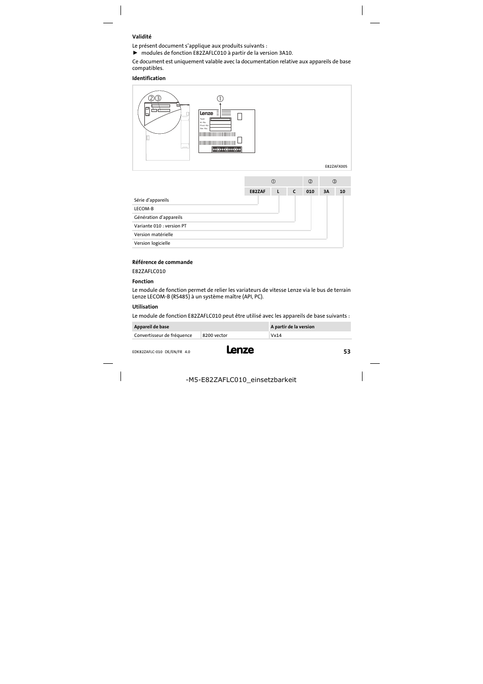 Validité | Lenze E82ZAFLC010 User Manual | Page 53 / 76