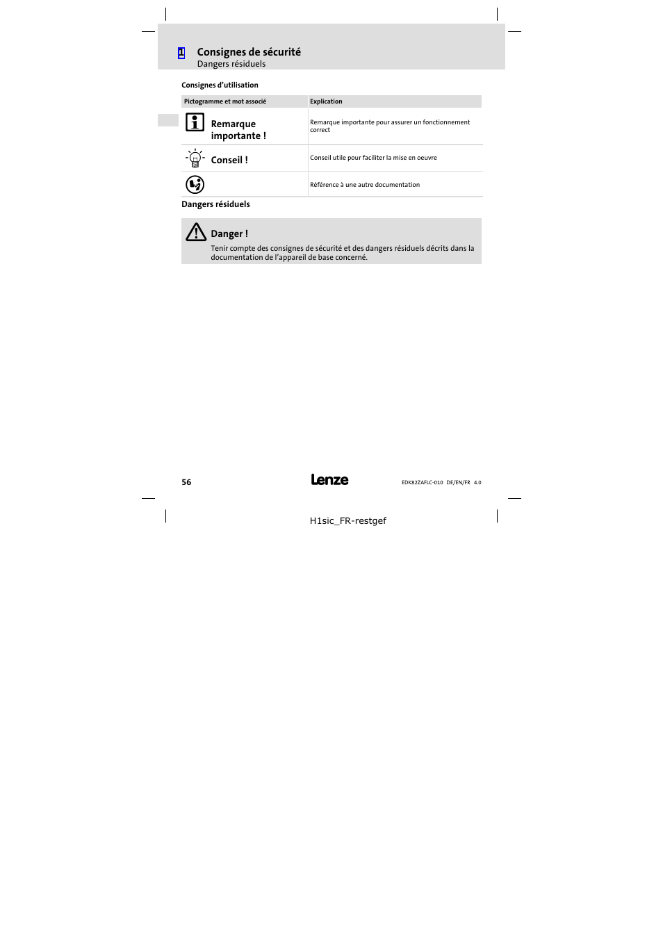 Dangers résiduels | Lenze E82ZAFLC010 User Manual | Page 56 / 76