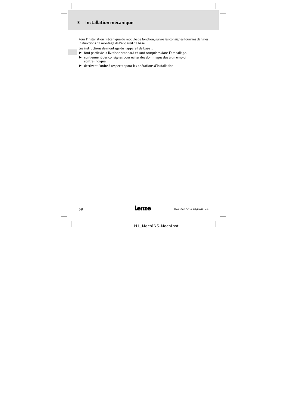3 installation mécanique, Installation mécanique | Lenze E82ZAFLC010 User Manual | Page 58 / 76