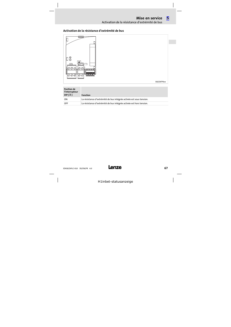 Activation de la résistance d'extrémité de bus, Activation de la résistance d’extrémité de bus | Lenze E82ZAFLC010 User Manual | Page 67 / 76