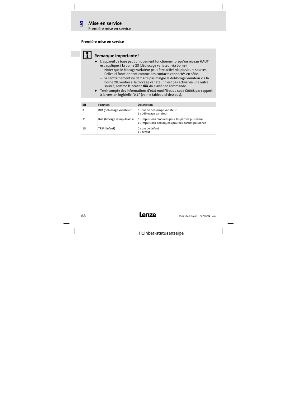 Première mise en service, 5mise en service | Lenze E82ZAFLC010 User Manual | Page 68 / 76