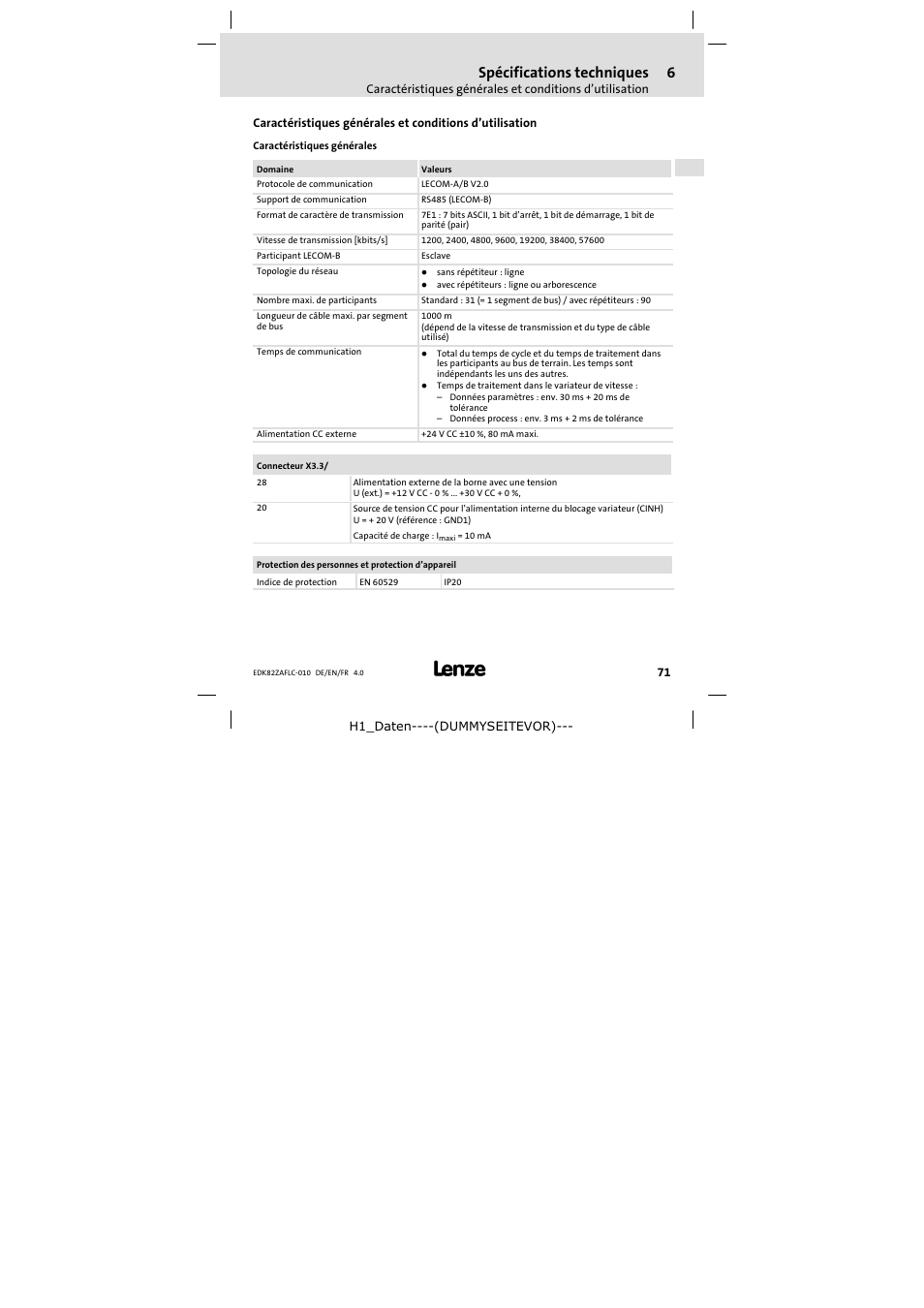 6 spécifications techniques, Spécifications techniques | Lenze E82ZAFLC010 User Manual | Page 71 / 76