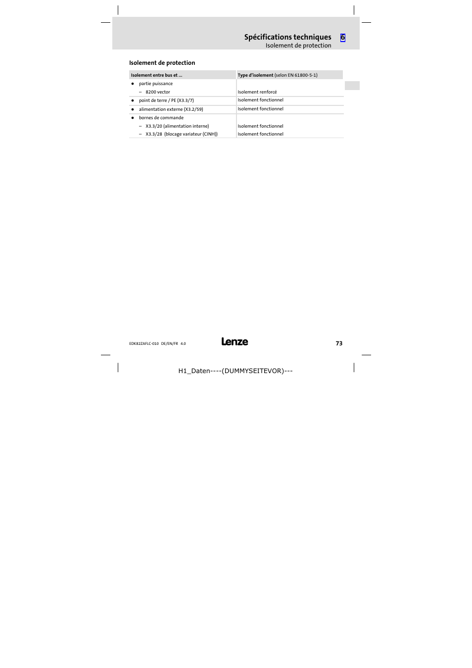 Isolement de protection, Spécifications techniques | Lenze E82ZAFLC010 User Manual | Page 73 / 76