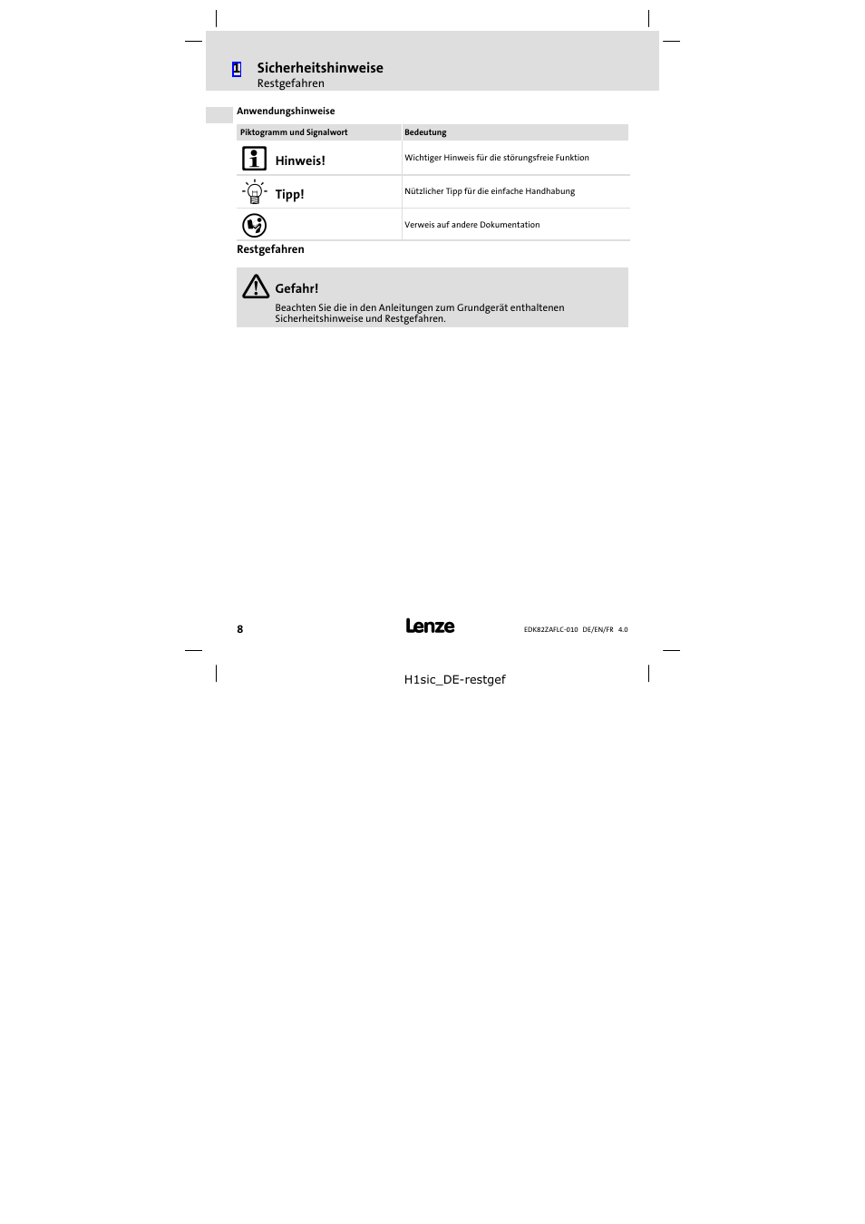 Restgefahren | Lenze E82ZAFLC010 User Manual | Page 8 / 76