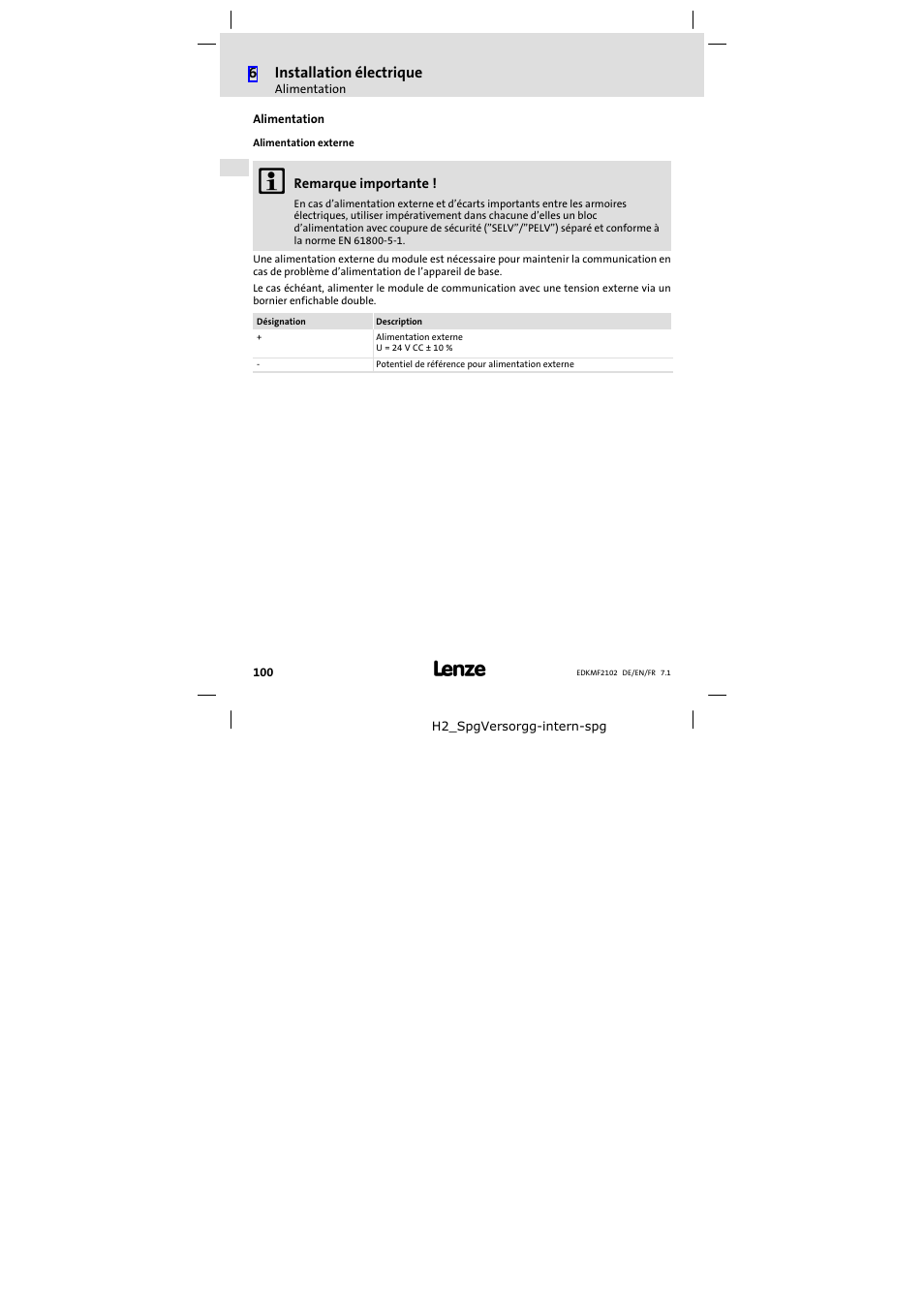 Alimentation | Lenze E82ZBL-C User Manual | Page 100 / 120