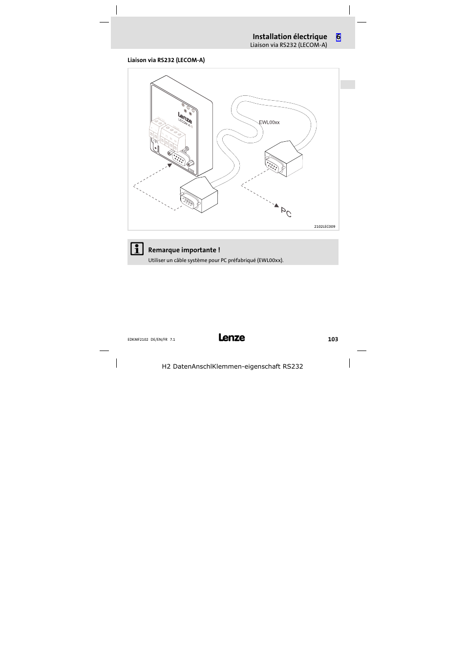 Liaison via rs232 (lecom-a), Liaison via rs232 (lecom−a) | Lenze E82ZBL-C User Manual | Page 103 / 120