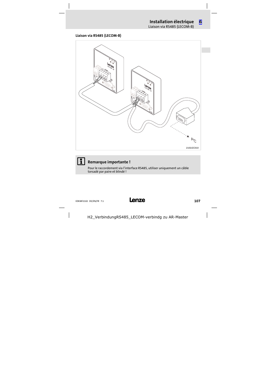 Liaison via rs485 (lecom-b), Liaison via rs485 (lecom−b) | Lenze E82ZBL-C User Manual | Page 107 / 120