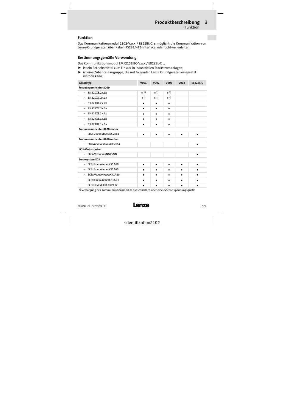 3 produktbeschreibung, Funktion, Bestimmungsgemäße verwendung | Produktbeschreibung 11, Produktbeschreibung | Lenze E82ZBL-C User Manual | Page 11 / 120