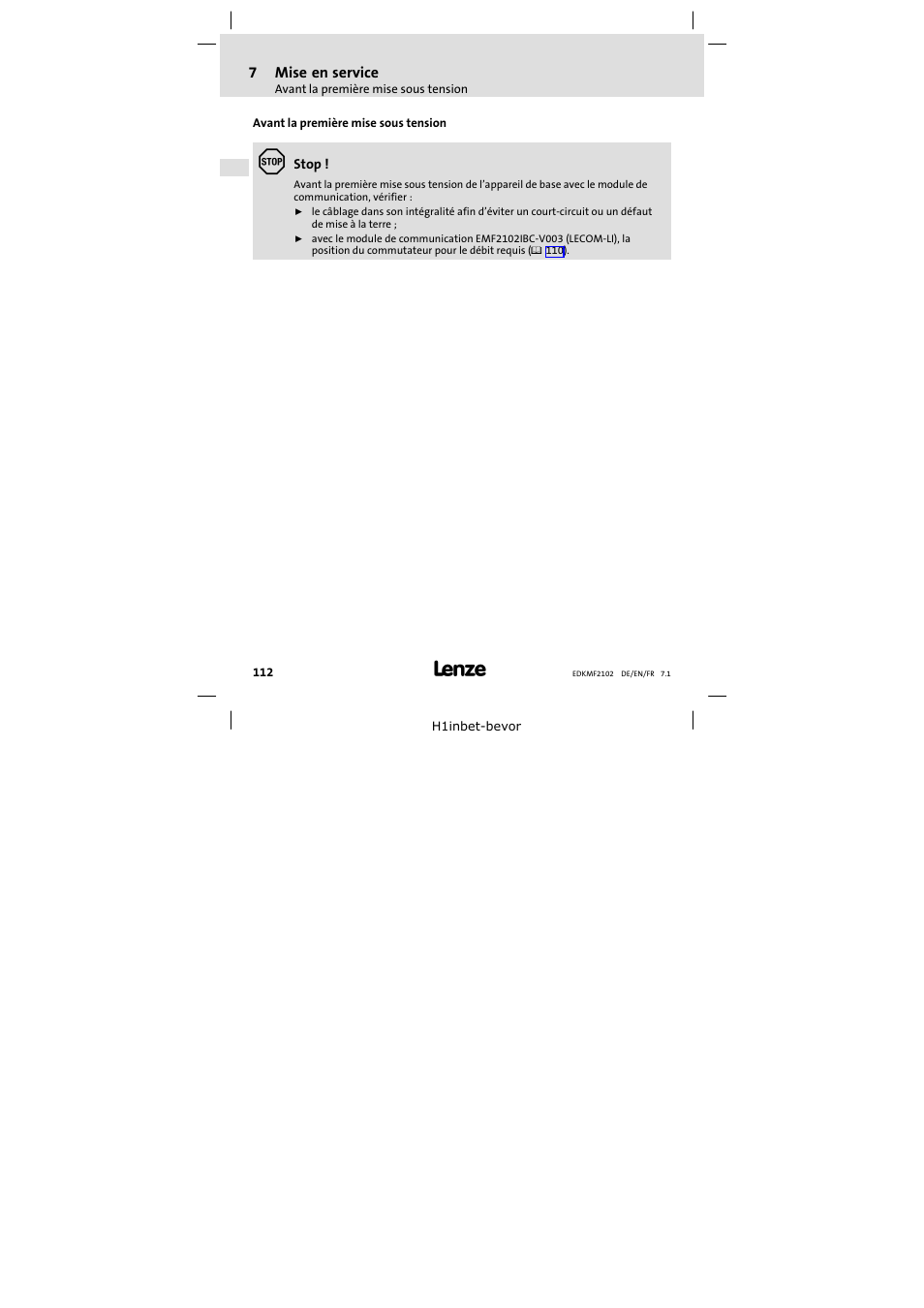 7 mise en service, Avant la première mise sous tension, Mise en service | Lenze E82ZBL-C User Manual | Page 112 / 120