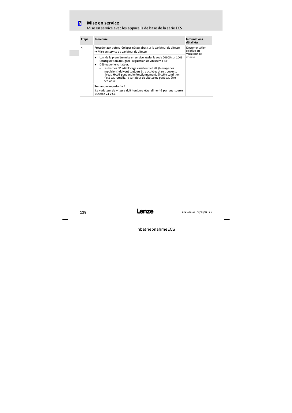 7mise en service | Lenze E82ZBL-C User Manual | Page 118 / 120