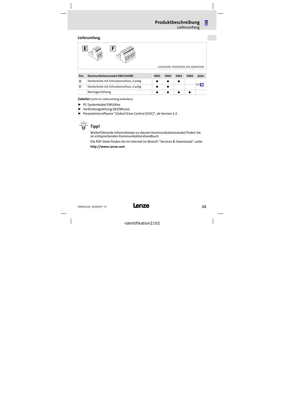 Lieferumfang, Produktbeschreibung | Lenze E82ZBL-C User Manual | Page 13 / 120