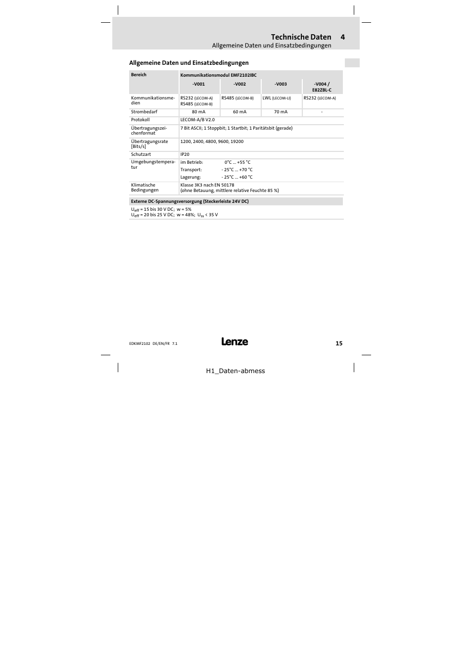4 technische daten, Allgemeine daten und einsatzbedingungen, Technische daten | Lenze E82ZBL-C User Manual | Page 15 / 120