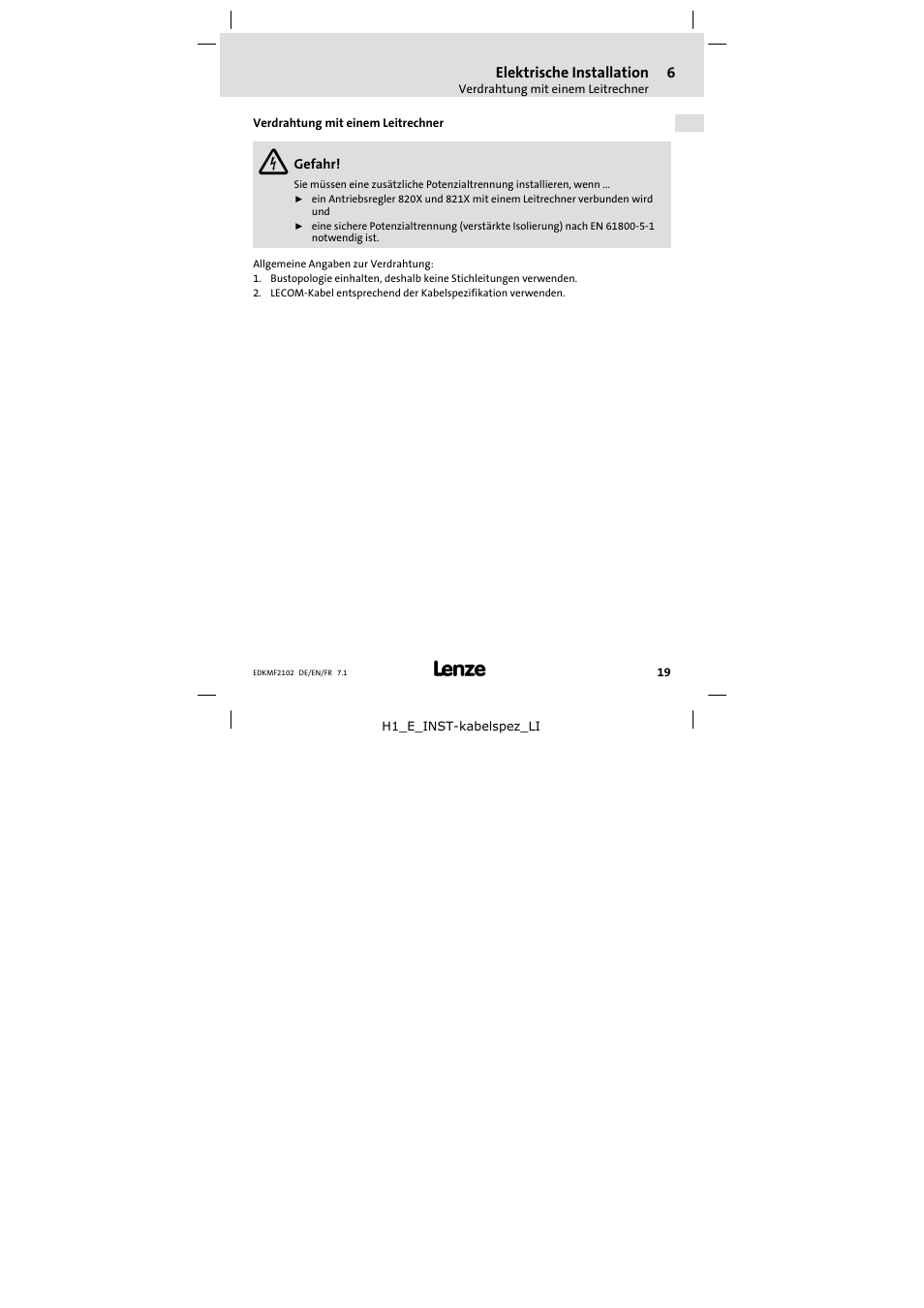 6 elektrische installation, Verdrahtung mit einem leitrechner, Elektrische installation | Lenze E82ZBL-C User Manual | Page 19 / 120