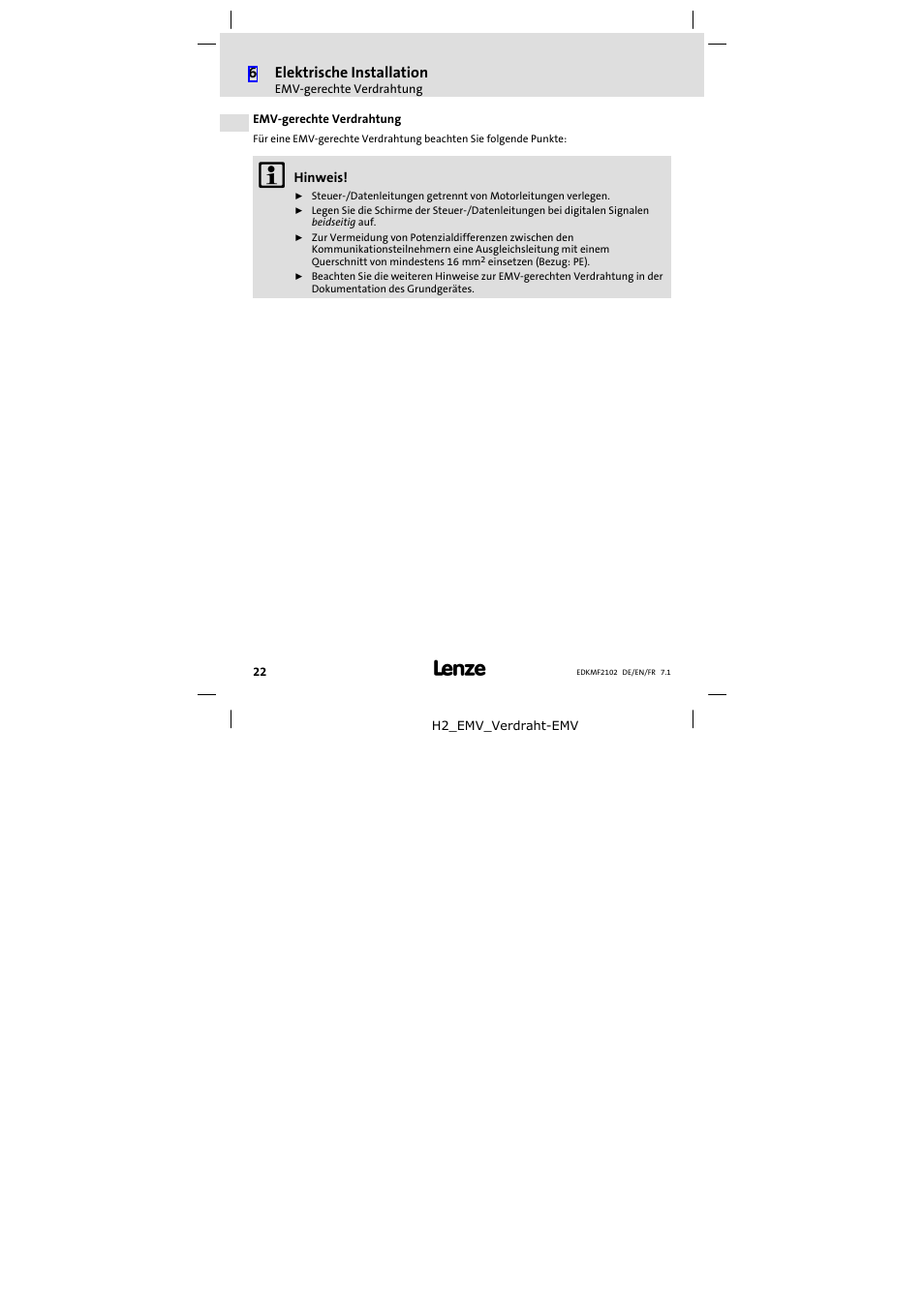 Emv-gerechte verdrahtung, Emv−gerechte verdrahtung | Lenze E82ZBL-C User Manual | Page 22 / 120