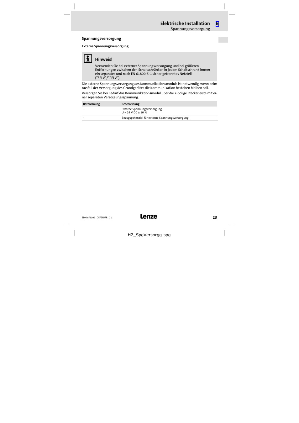 Spannungsversorgung | Lenze E82ZBL-C User Manual | Page 23 / 120
