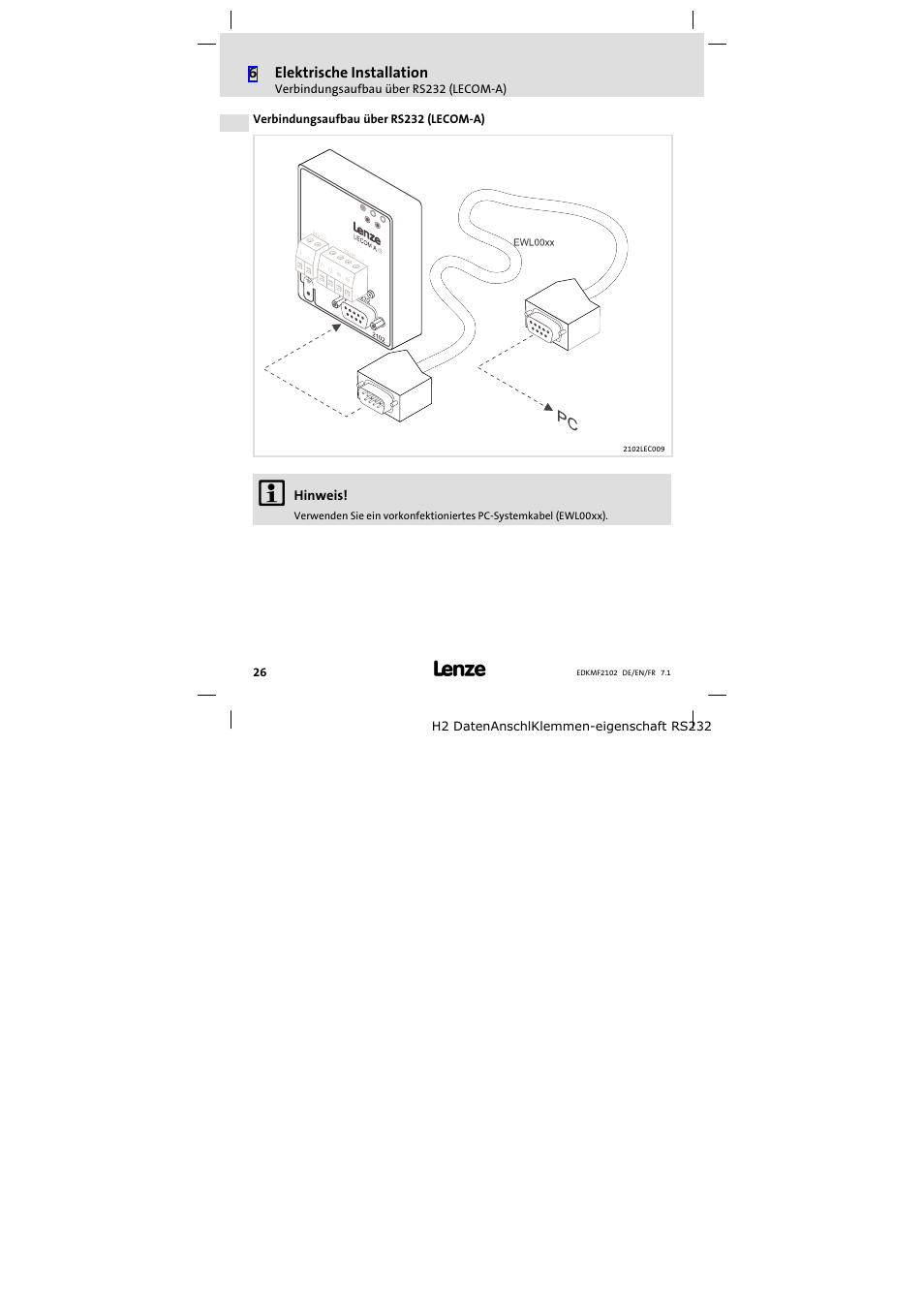 Verbindungsaufbau über rs232 (lecom-a), Verbindungsaufbau über rs232 (lecom−a) | Lenze E82ZBL-C User Manual | Page 26 / 120