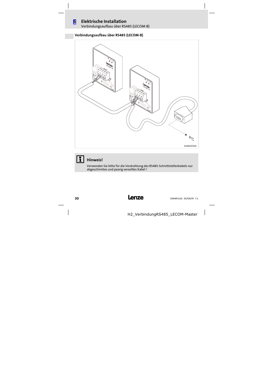 Verbindungsaufbau über rs485 (lecom-b), Verbindungsaufbau über rs485 (lecom−b) | Lenze E82ZBL-C User Manual | Page 30 / 120