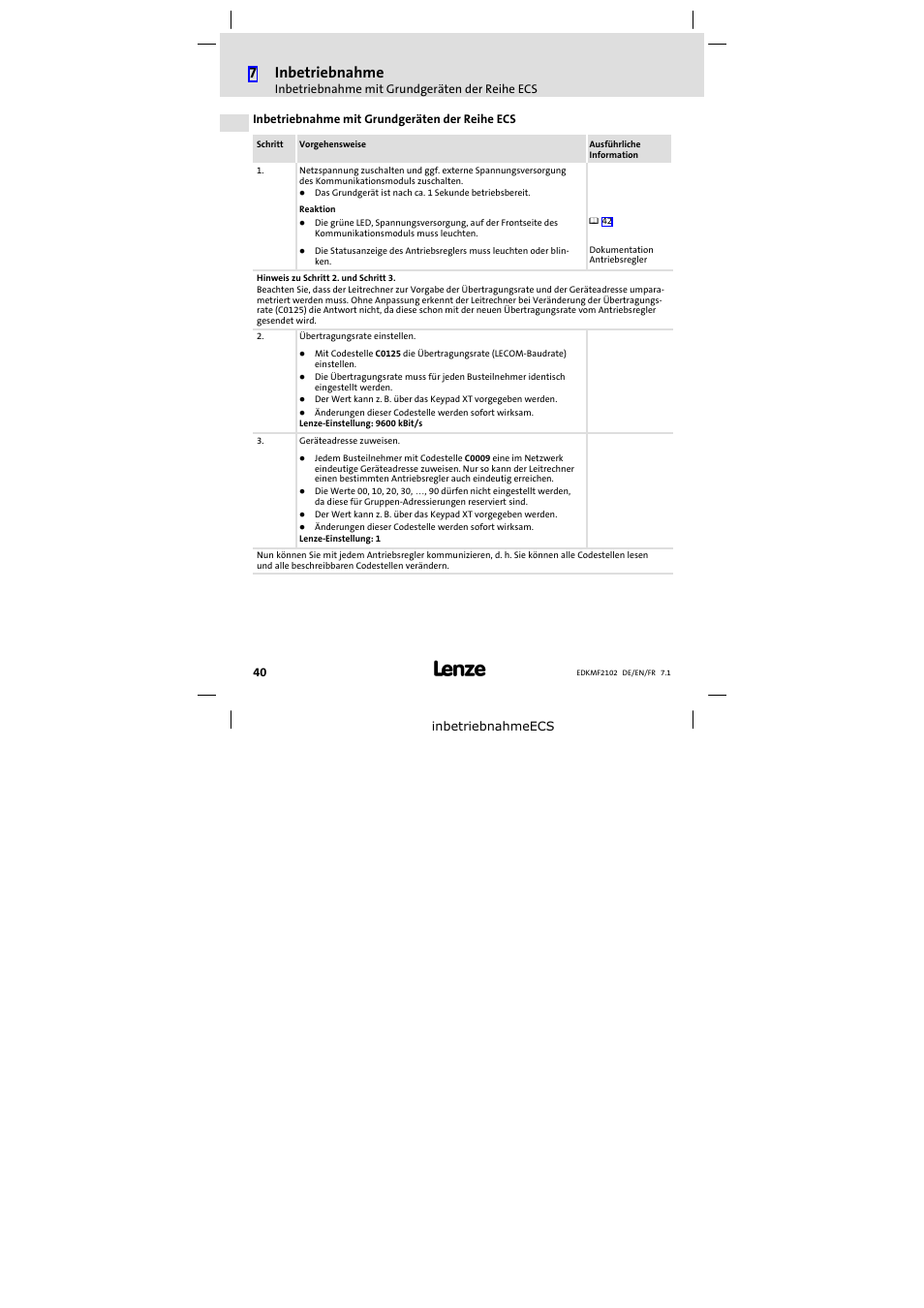 Inbetriebnahme mit grundgeräten der reihe ecs, 7inbetriebnahme | Lenze E82ZBL-C User Manual | Page 40 / 120