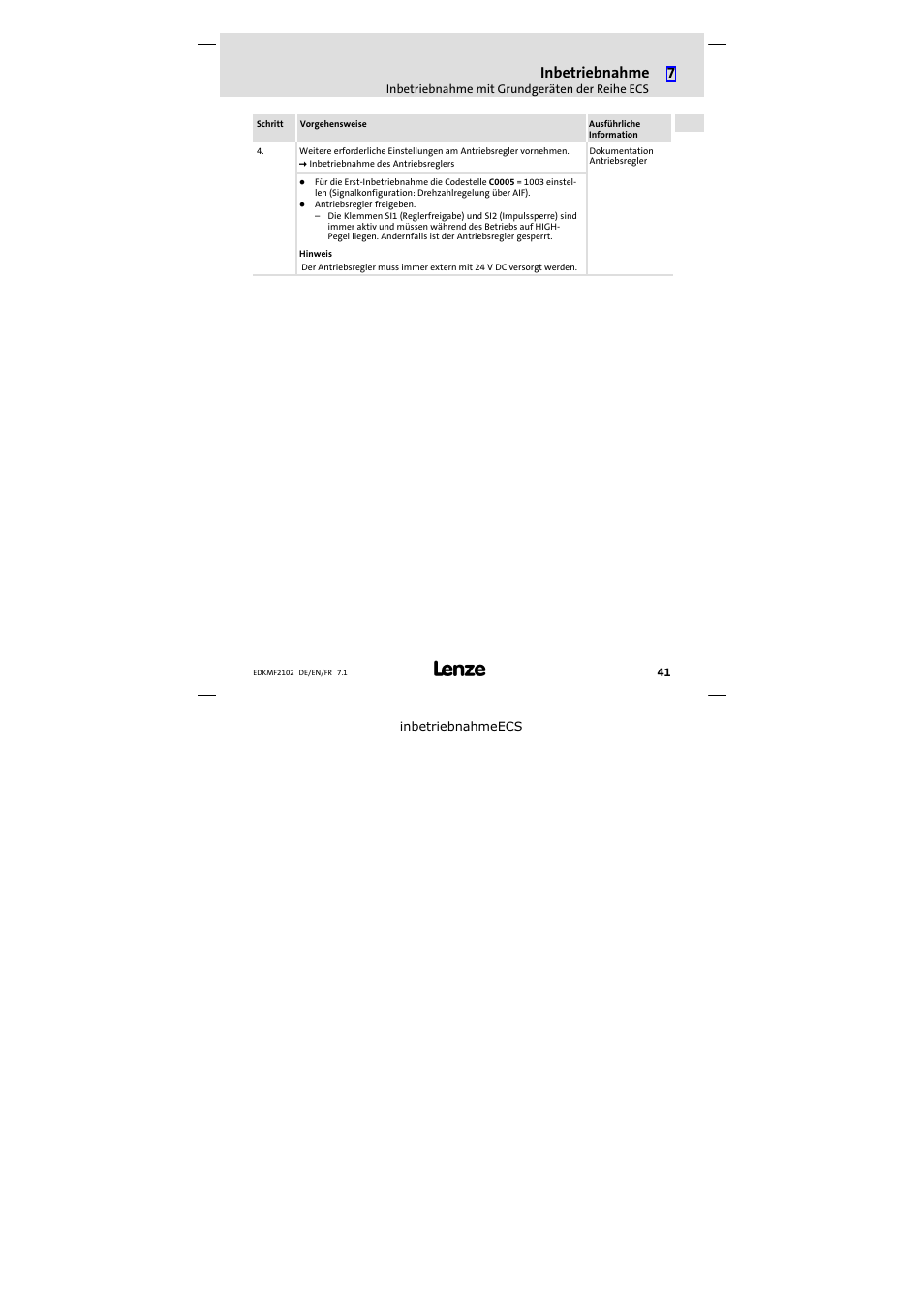 Inbetriebnahme | Lenze E82ZBL-C User Manual | Page 41 / 120