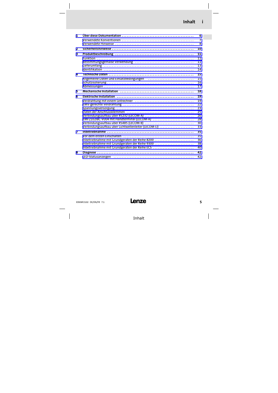 Inhalt, Inhalt i | Lenze E82ZBL-C User Manual | Page 5 / 120
