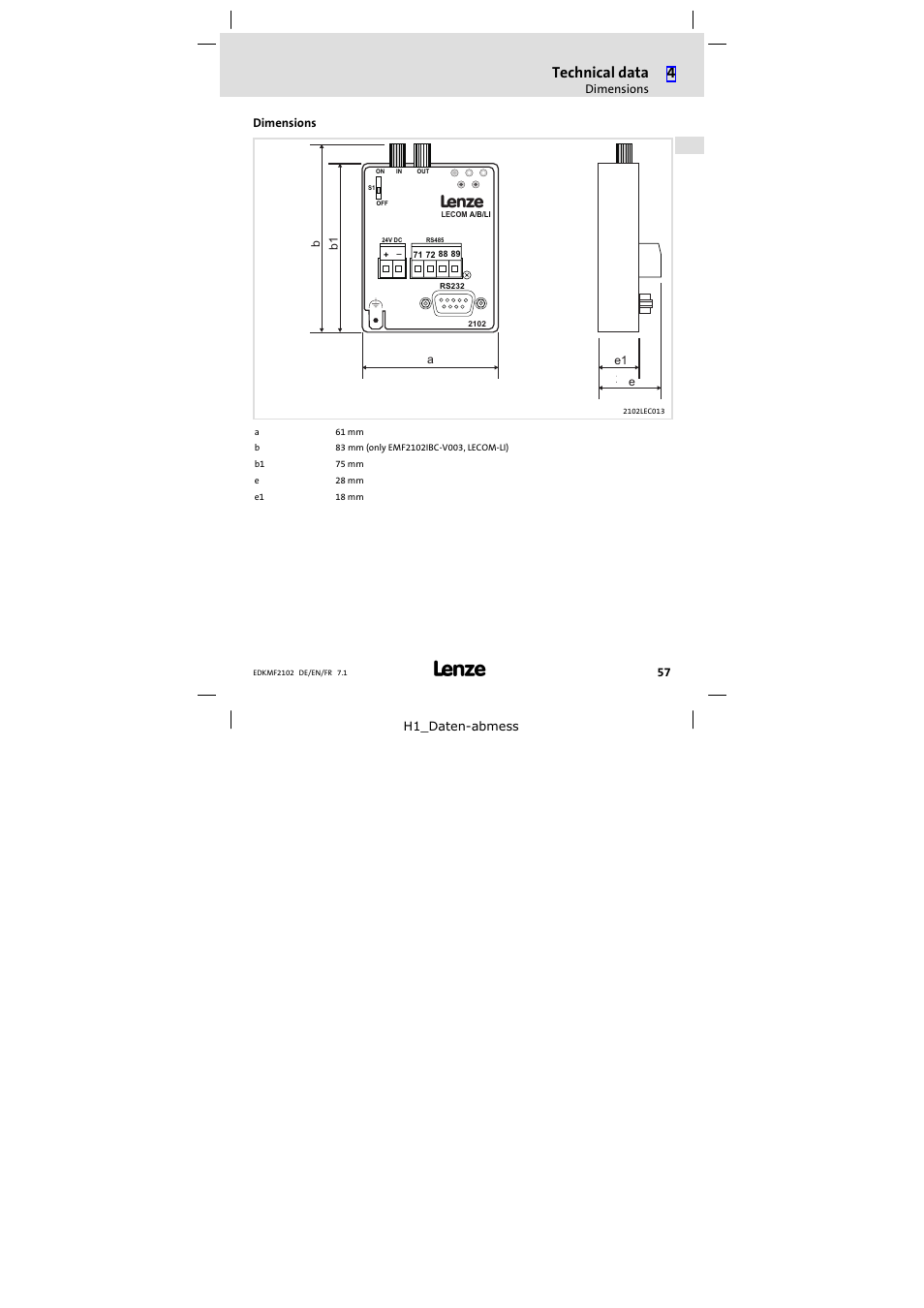 Dimensions, Technical data | Lenze E82ZBL-C User Manual | Page 57 / 120