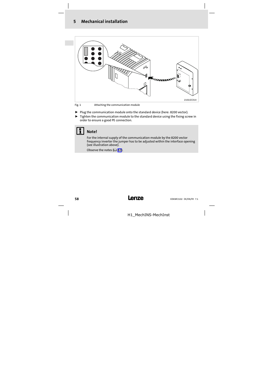 5 mechanical installation, Mechanical installation | Lenze E82ZBL-C User Manual | Page 58 / 120