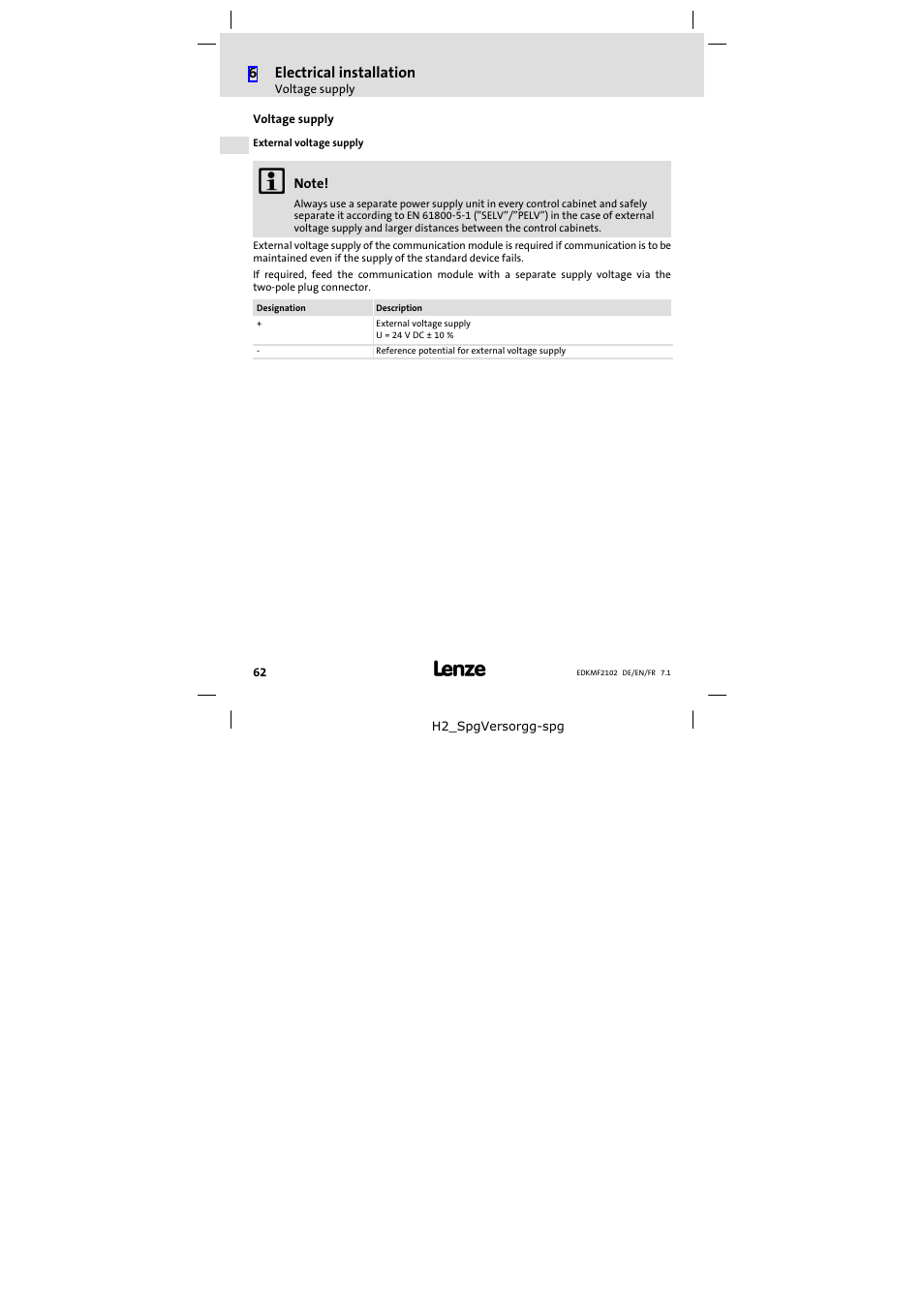 Voltage supply | Lenze E82ZBL-C User Manual | Page 62 / 120