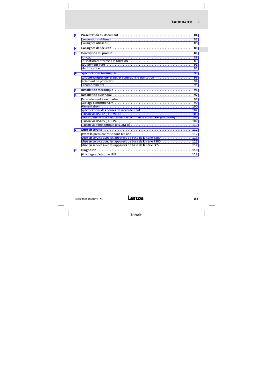 Sommaire, Sommaire i | Lenze E82ZBL-C User Manual | Page 83 / 120