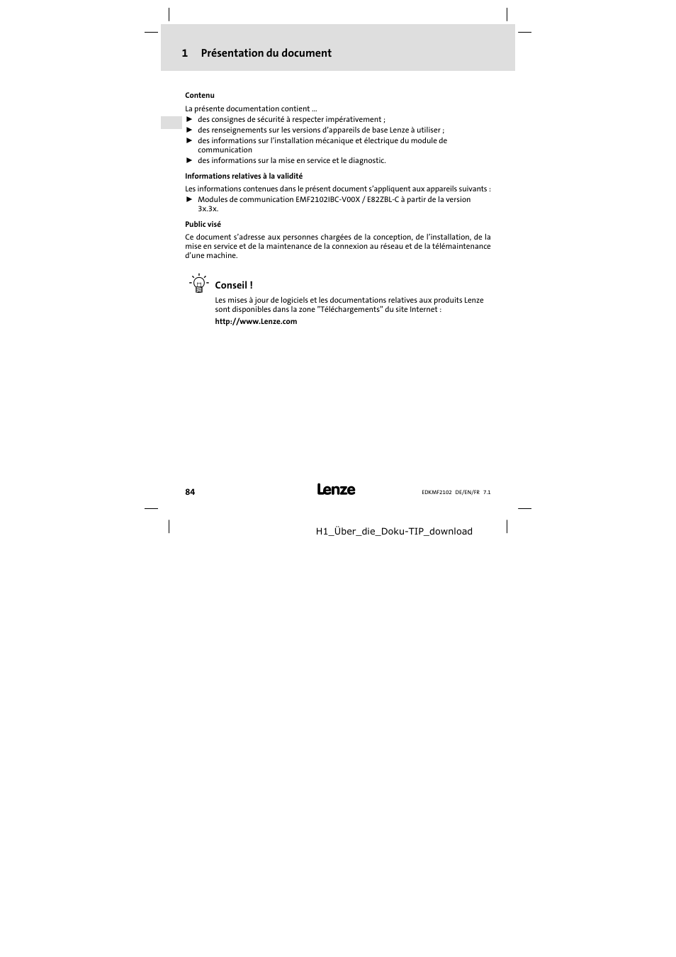 1 présentation du document, Présentation du document | Lenze E82ZBL-C User Manual | Page 84 / 120