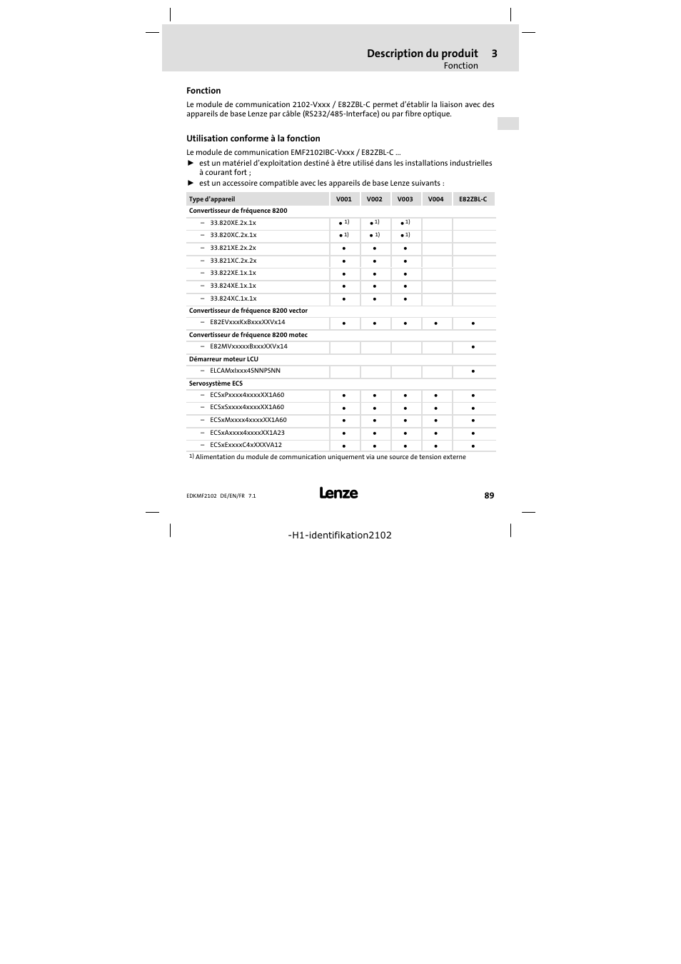 3 description du produit, Fonction, Utilisation conforme à la fonction | Description du produit, Fonction 89 | Lenze E82ZBL-C User Manual | Page 89 / 120