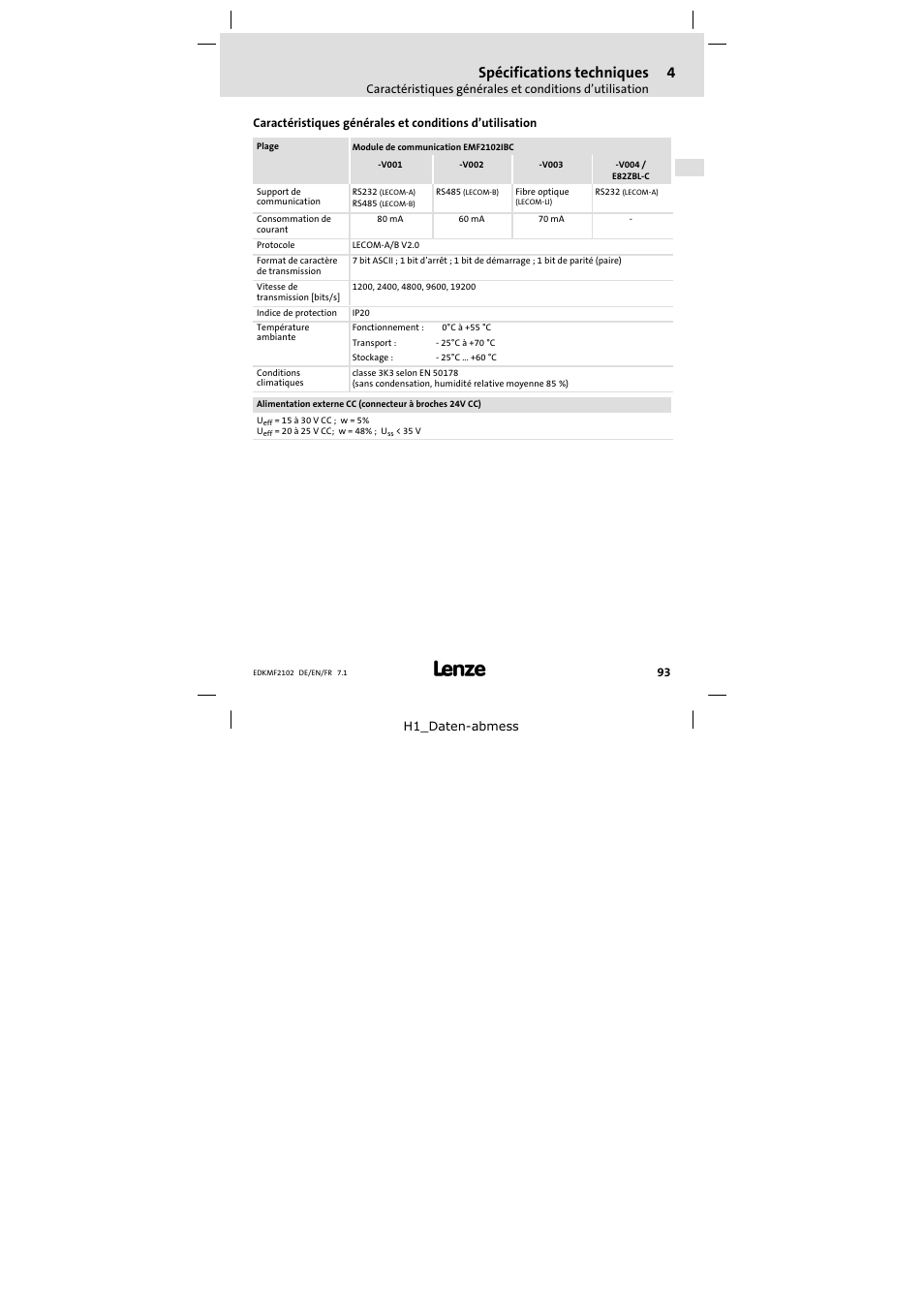 4 spécifications techniques, Spécifications techniques | Lenze E82ZBL-C User Manual | Page 93 / 120