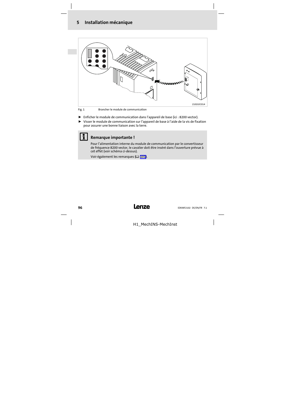 5 installation mécanique, Installation mécanique | Lenze E82ZBL-C User Manual | Page 96 / 120