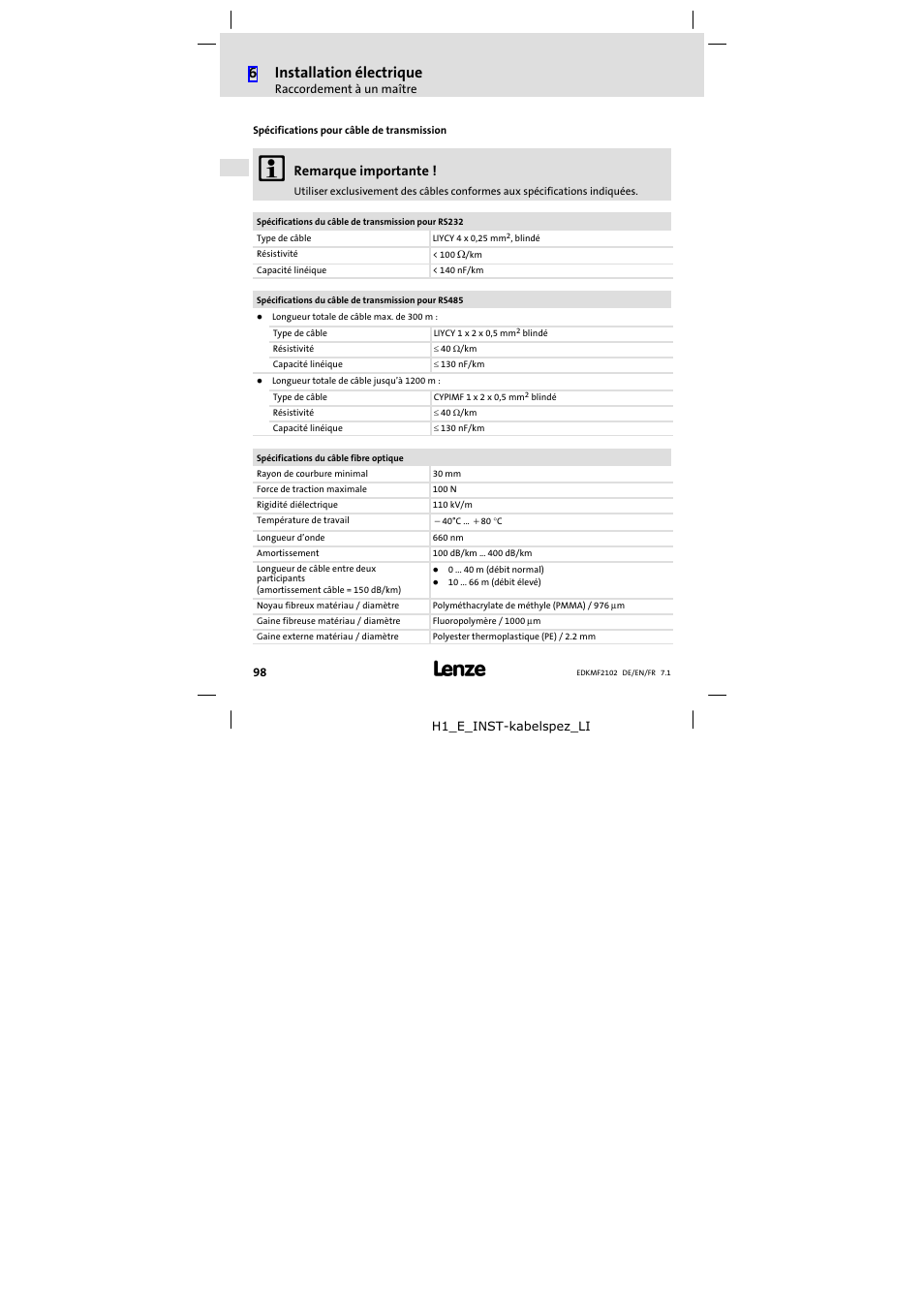 6installation électrique, Remarque importante | Lenze E82ZBL-C User Manual | Page 98 / 120