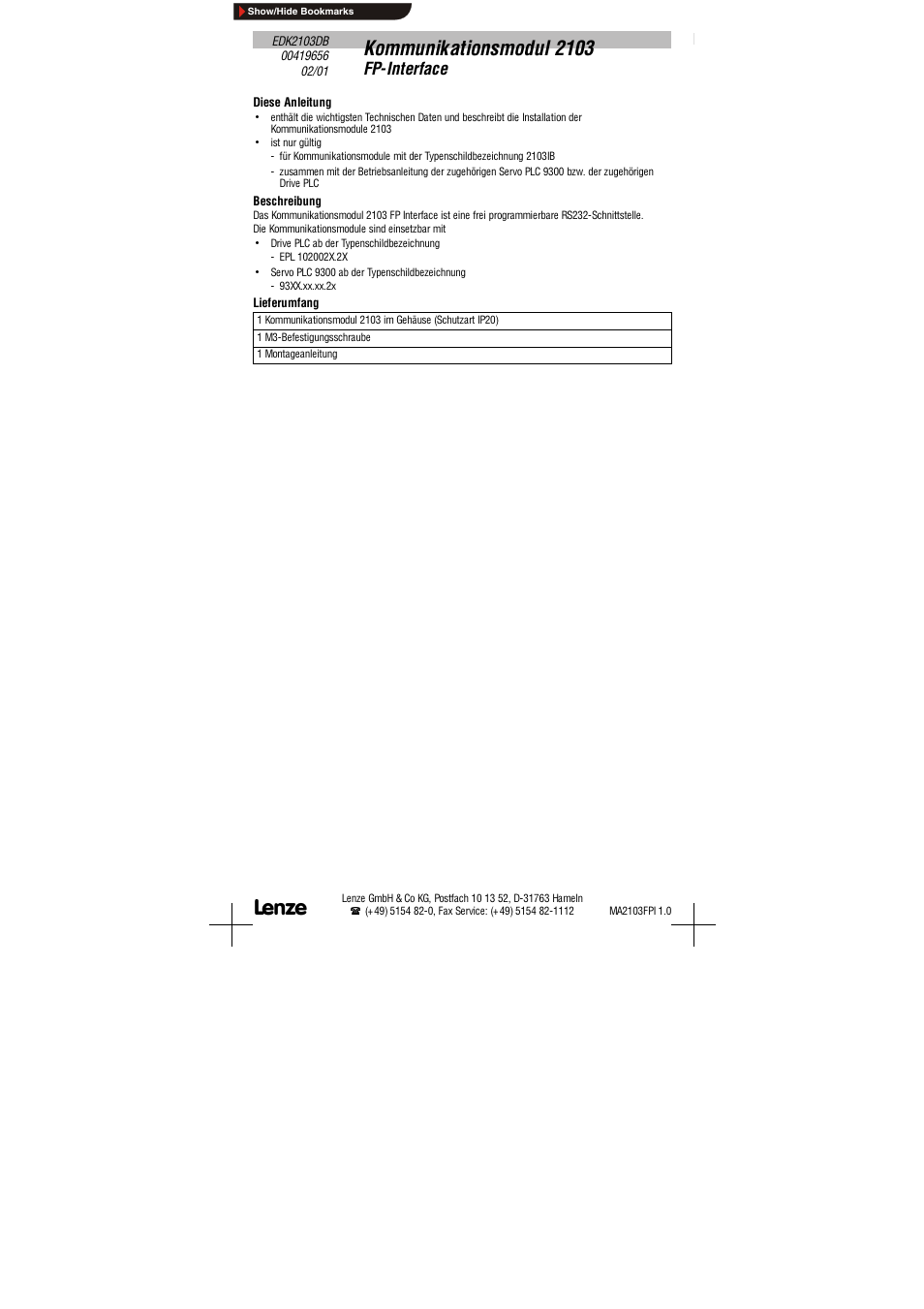 Lenze EMF2103IB User Manual | 15 pages