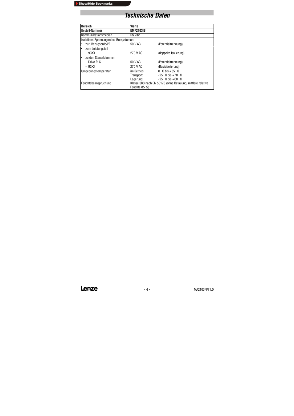 Technische daten | Lenze EMF2103IB User Manual | Page 4 / 15