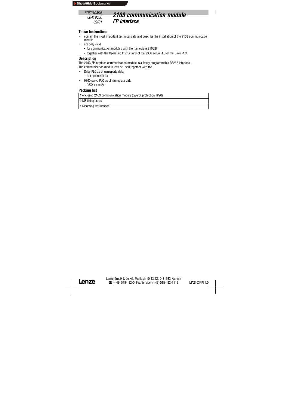 2103 communication module, Fp interface | Lenze EMF2103IB User Manual | Page 6 / 15