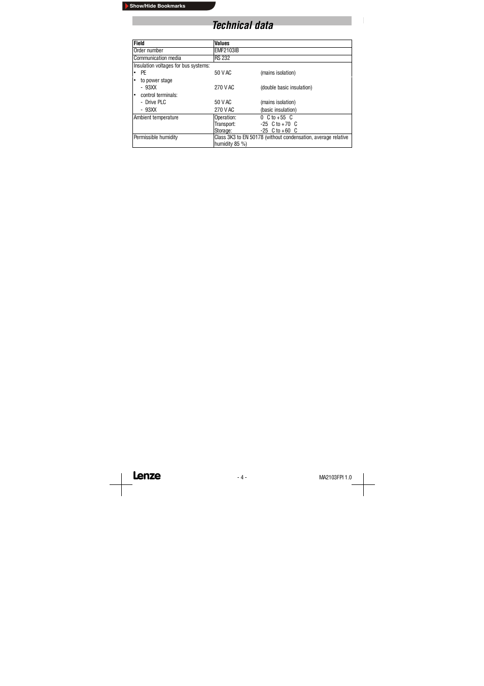 Technical data | Lenze EMF2103IB User Manual | Page 9 / 15