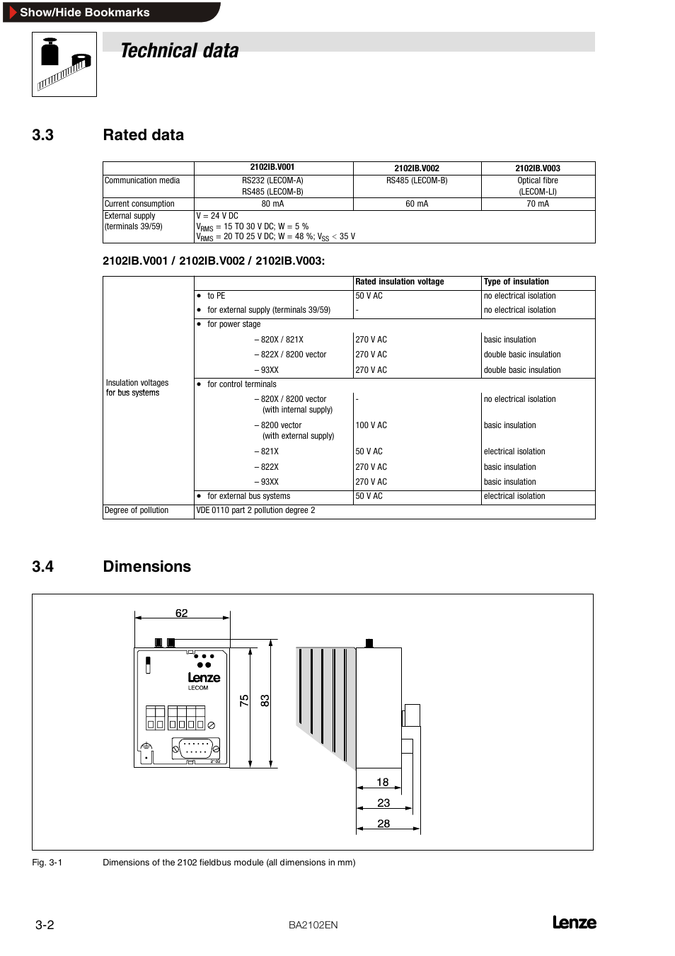 3 rated data, 4 dimensions, Technical data | Lenze EMF2102IB User Manual | Page 10 / 62